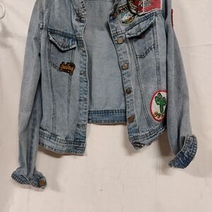 Cute Fun refuge Light Blue Denim Jean Jacket with Patch Details